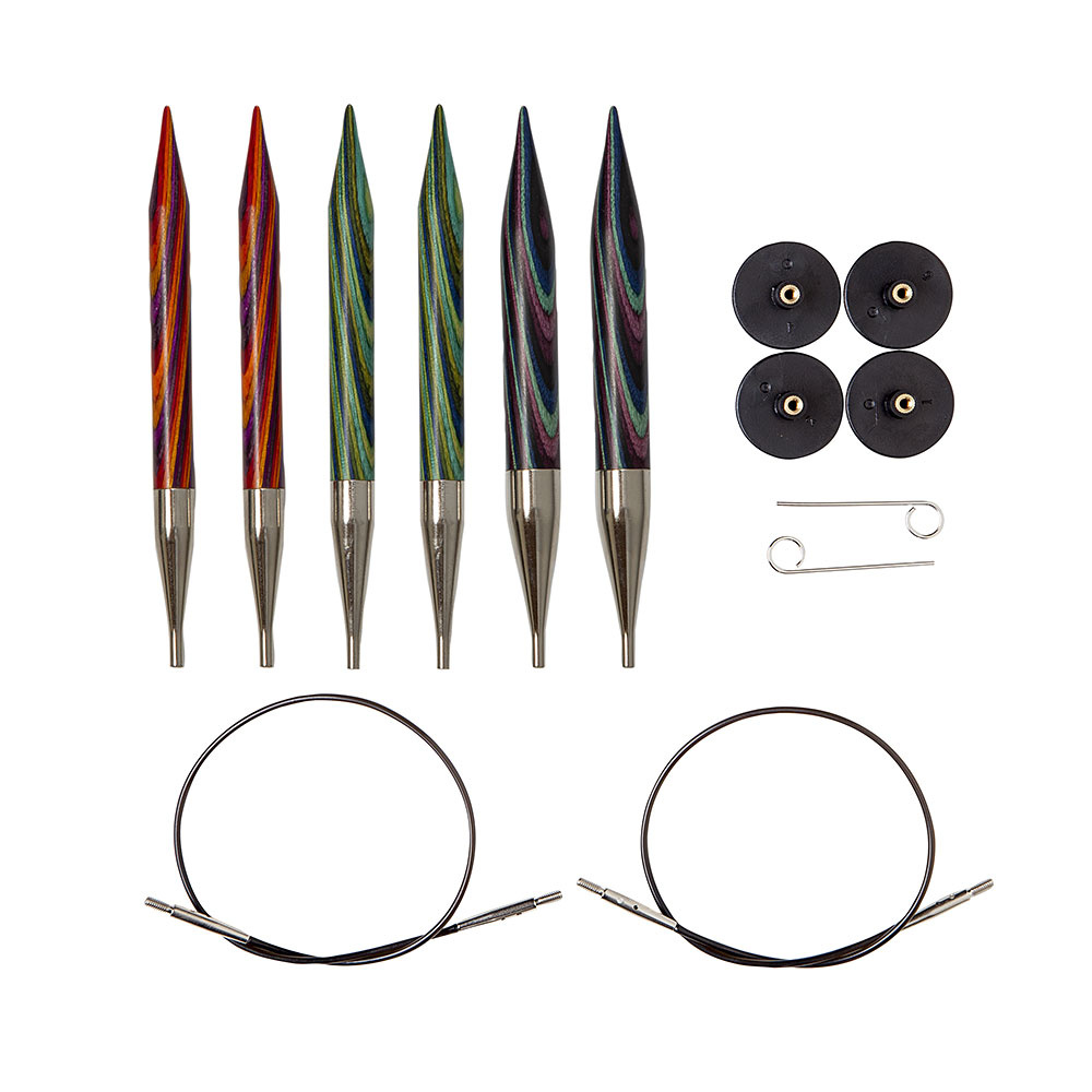 A set of colorful wooden interchangeable knitting needle with accessories