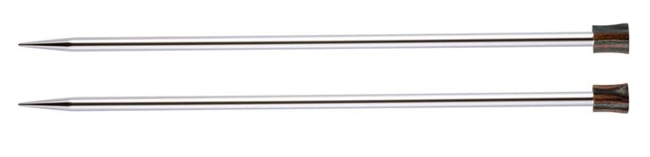 A pair of straight metal knitting needles