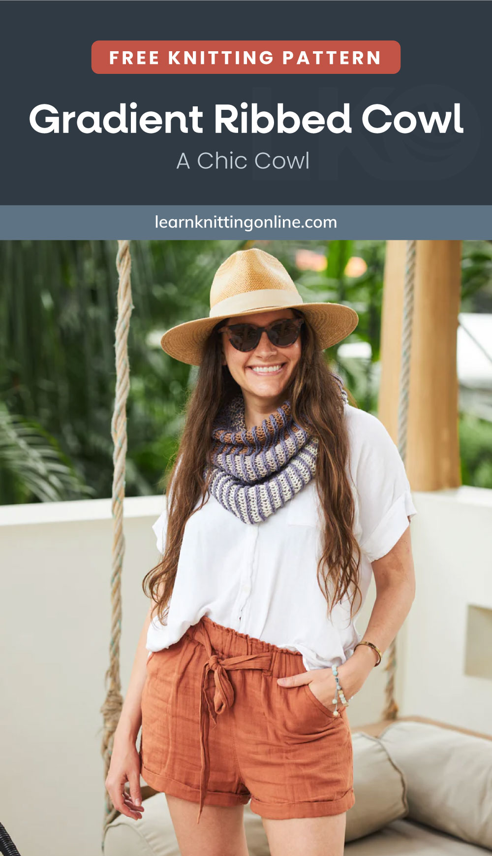 LKO_P_Gradient-Ribbed-Cowl | Learn Knitting Online Text area which says "Gradient Ribbed Cowl - A Chic Cowl, learnknittingonline.com" followed by an image of a woman wearing cowl.