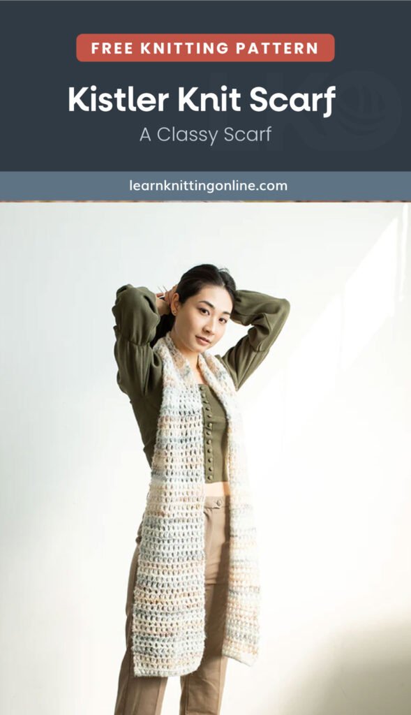 Text area which says "Kistler Knit Scarf - A Classy Scarf, learnknittingonline.com" followed by an image of a woman wearing classy scarf.
