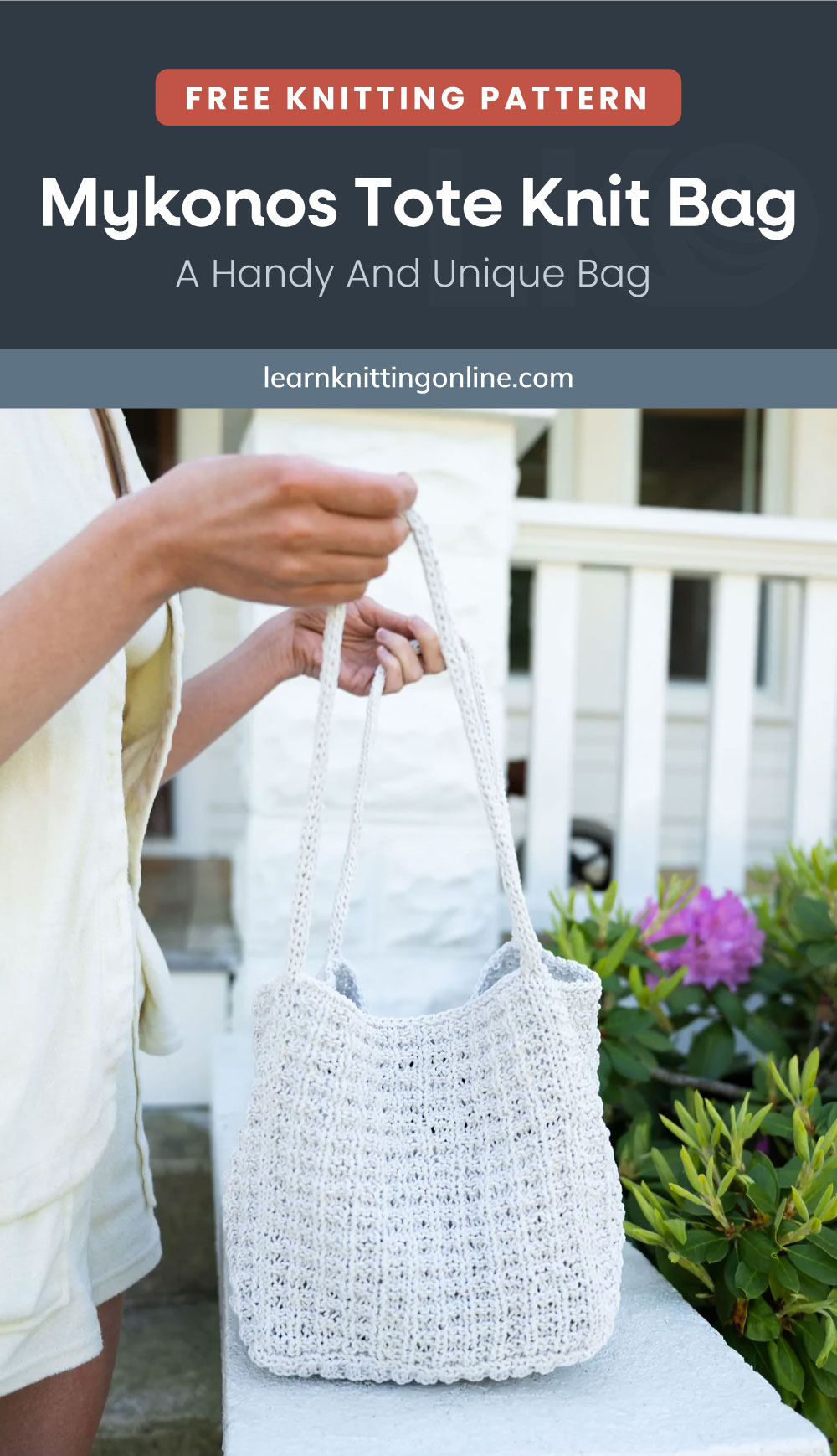 Text area which says "Free Knitting Pattern:Mykonos Tote Knit Bag - A Handy And Unique Bag, learnknittingonline.com" followed by an image of the handy tote bag