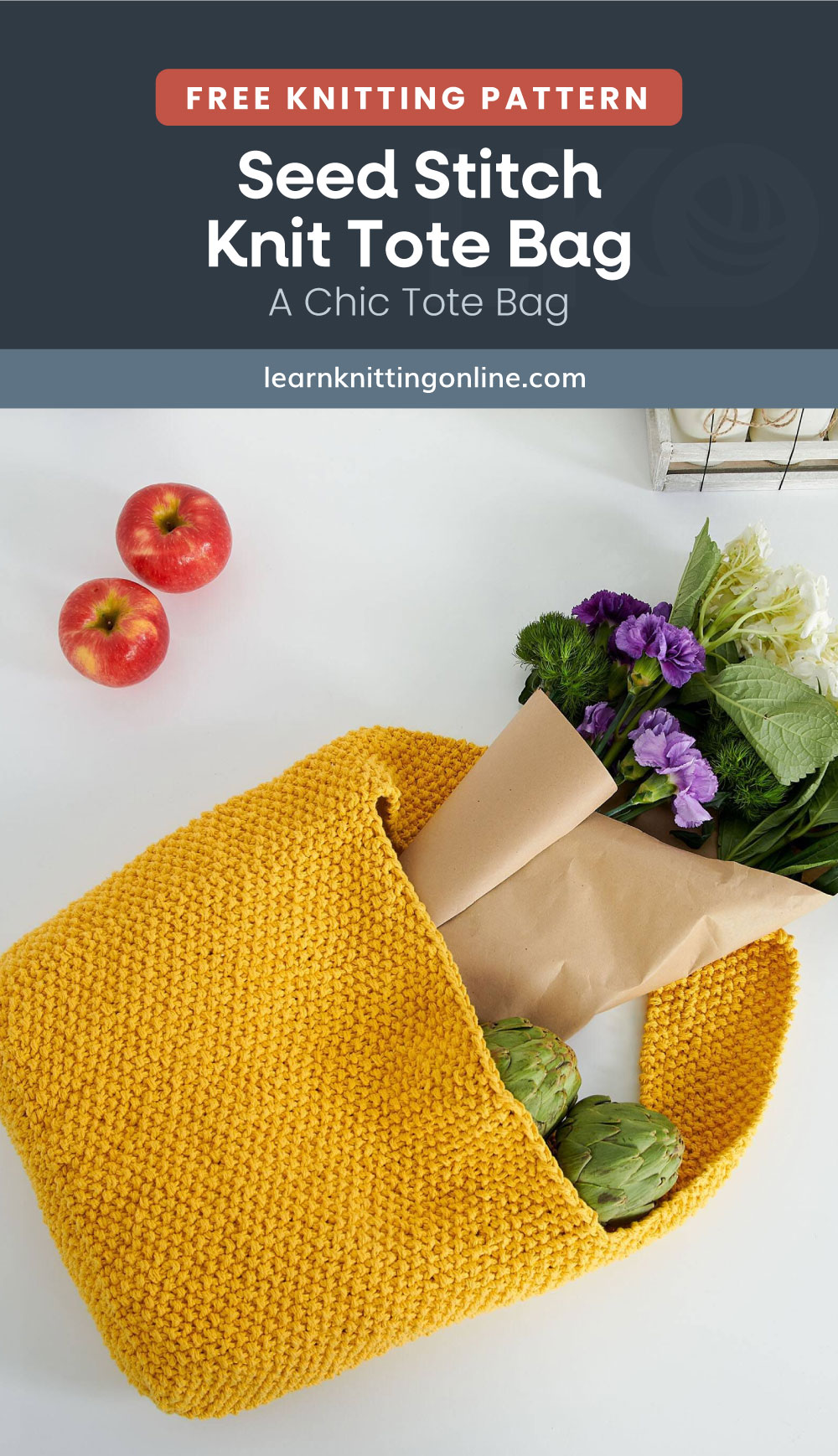 Text area which says "Free Knitting Pattern: Seed Stitch Knit Tote Bag – A Chic Tote Bag, learnknittingonline.com" followed by a yellow knitted tote bag filled with flowers and fruits